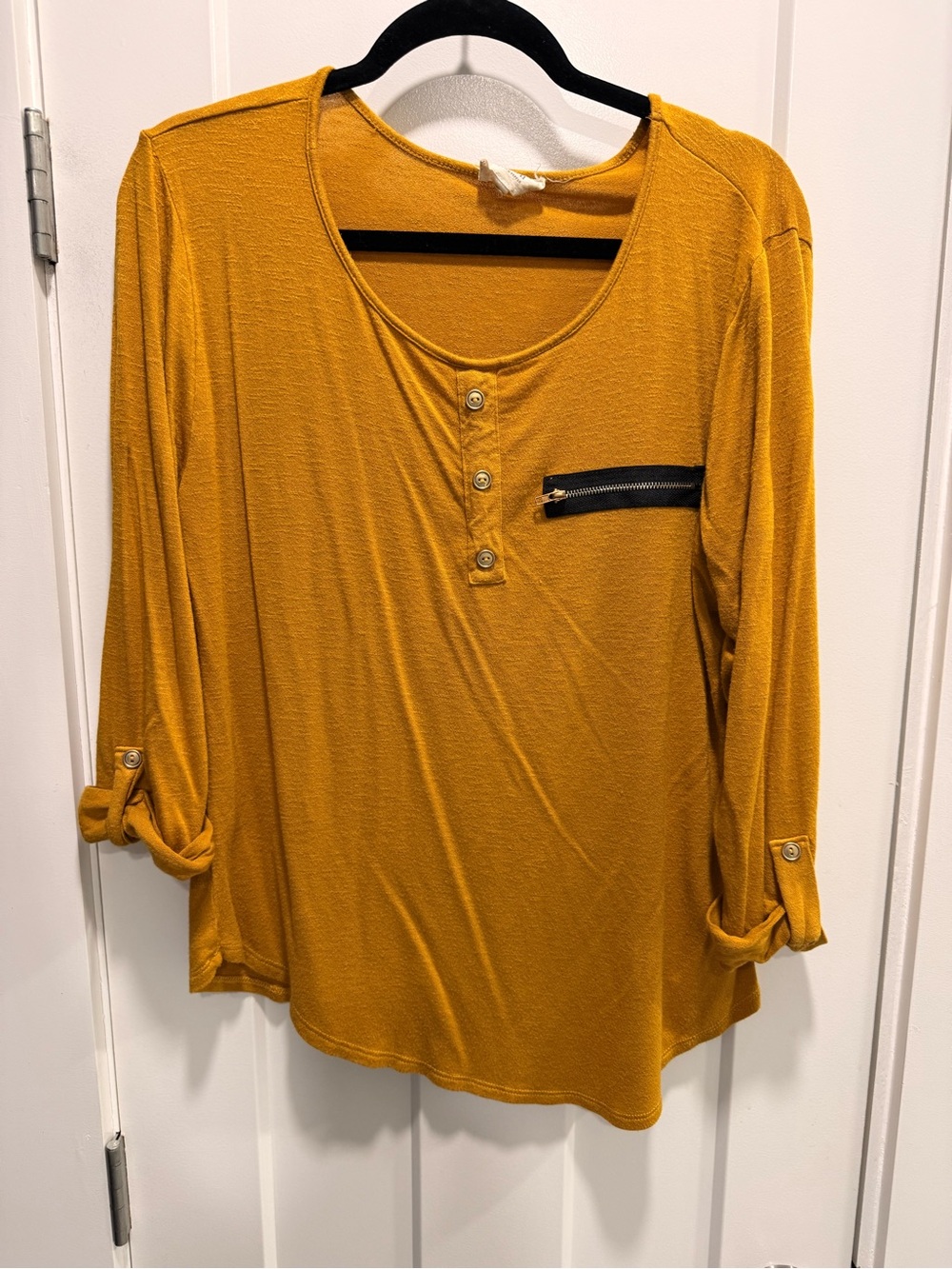 Mustard Long-Sleeve Henley Top with Zip Pocket